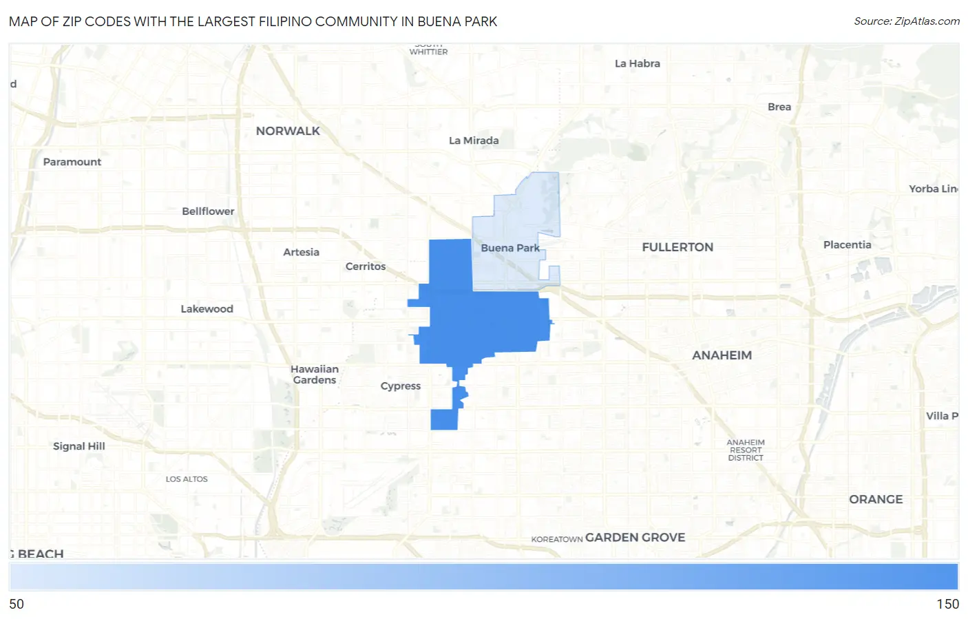Zip Codes with the Largest Filipino Community in Buena Park Map