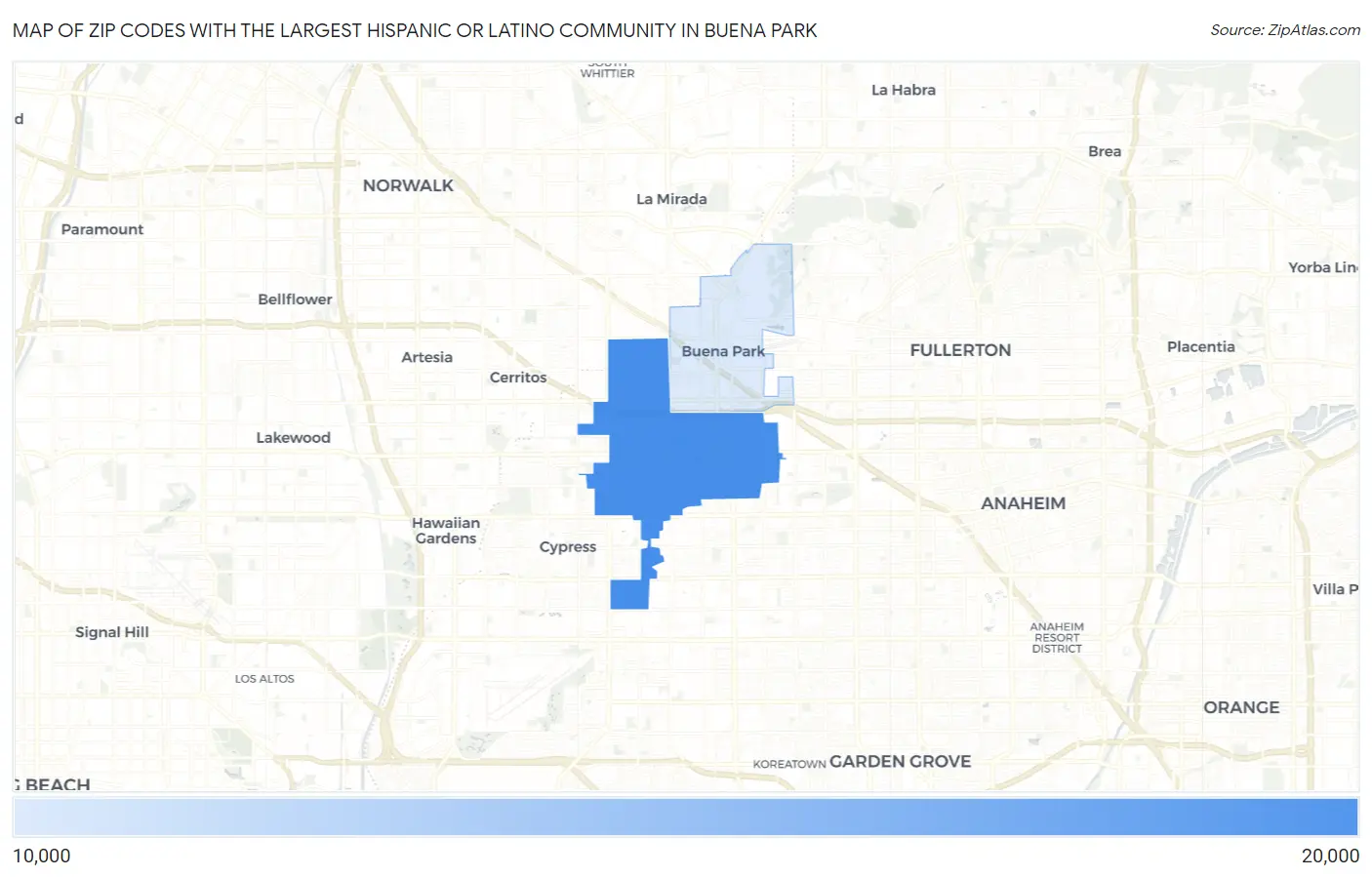 Zip Codes with the Largest Hispanic or Latino Community in Buena Park Map