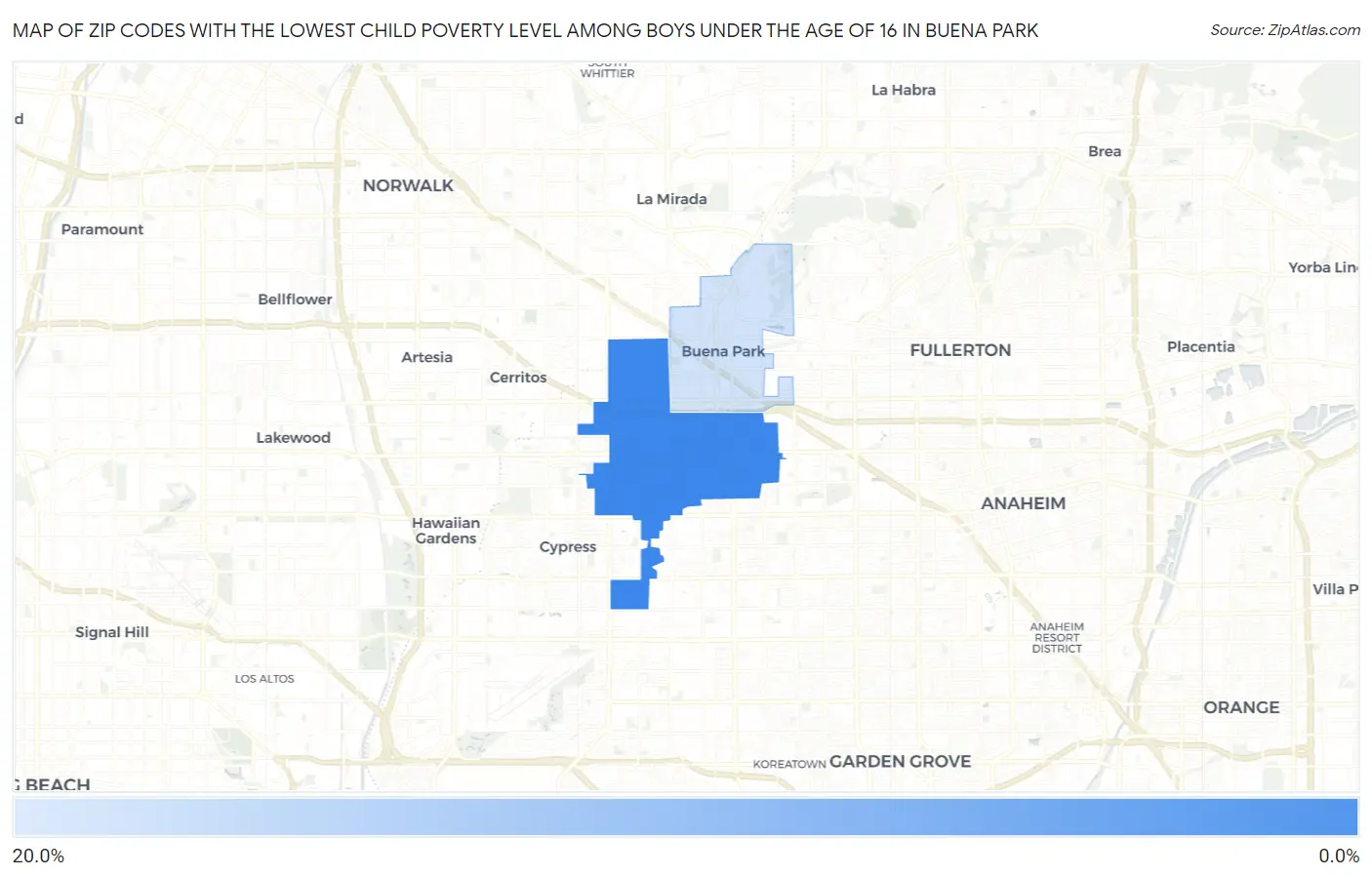 Zip Codes with the Lowest Child Poverty Level Among Boys Under the Age of 16 in Buena Park Map