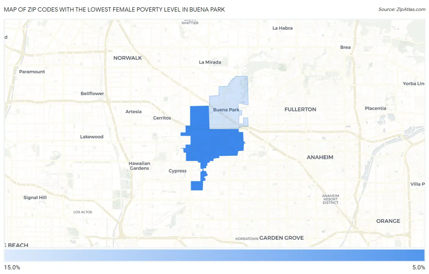 Zip Codes with the Lowest Female Poverty Level in Buena Park Map
