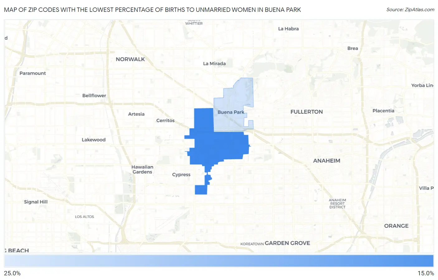 Zip Codes with the Lowest Percentage of Births to Unmarried Women in Buena Park Map