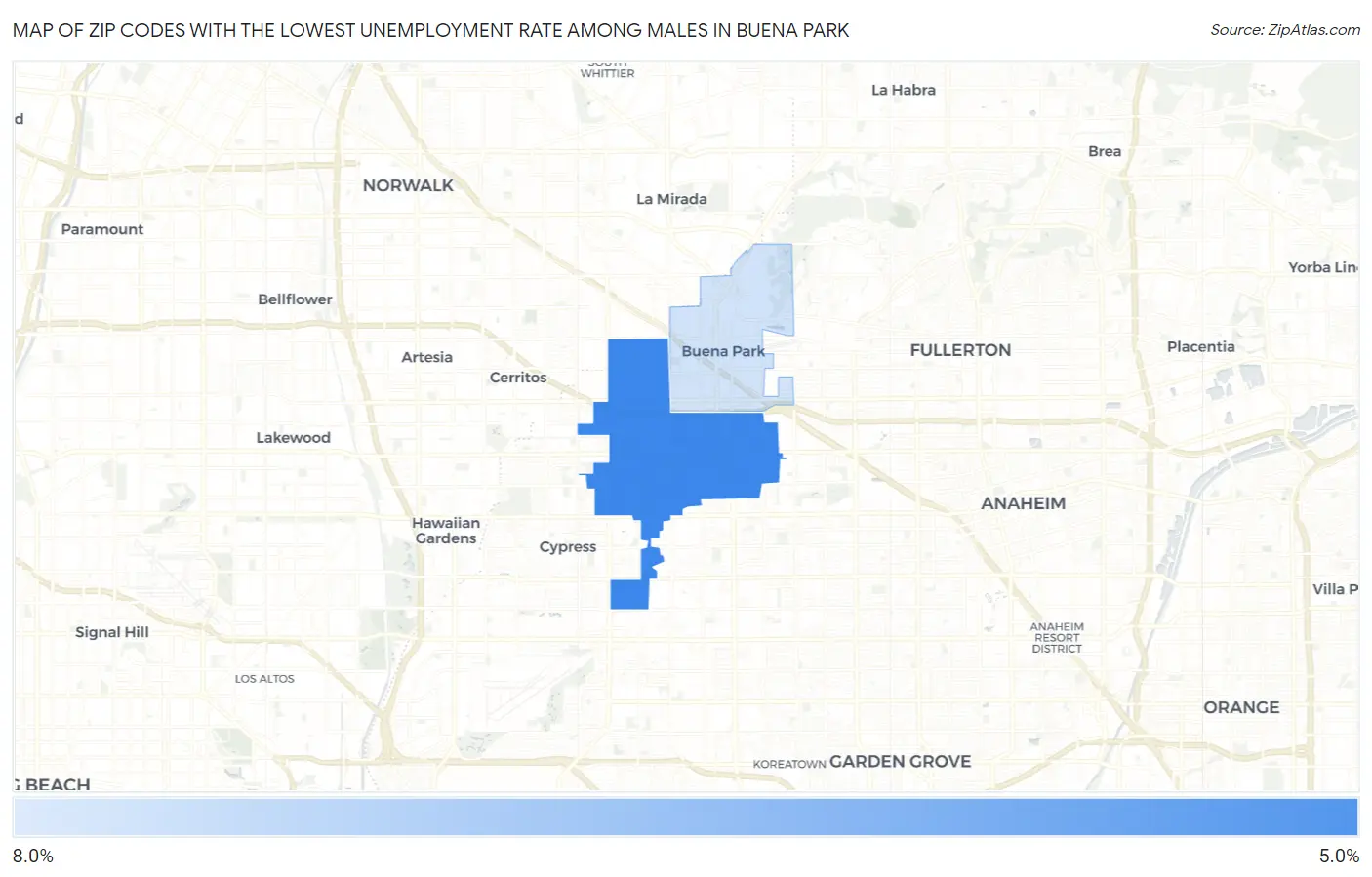 Zip Codes with the Lowest Unemployment Rate Among Males in Buena Park Map