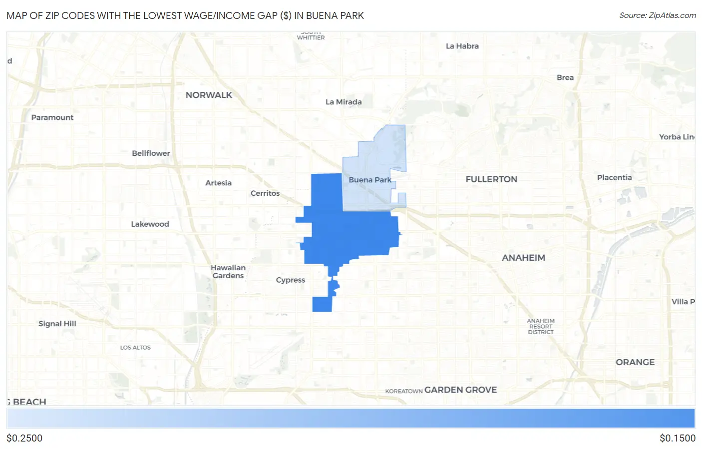 Zip Codes with the Lowest Wage/Income Gap ($) in Buena Park Map