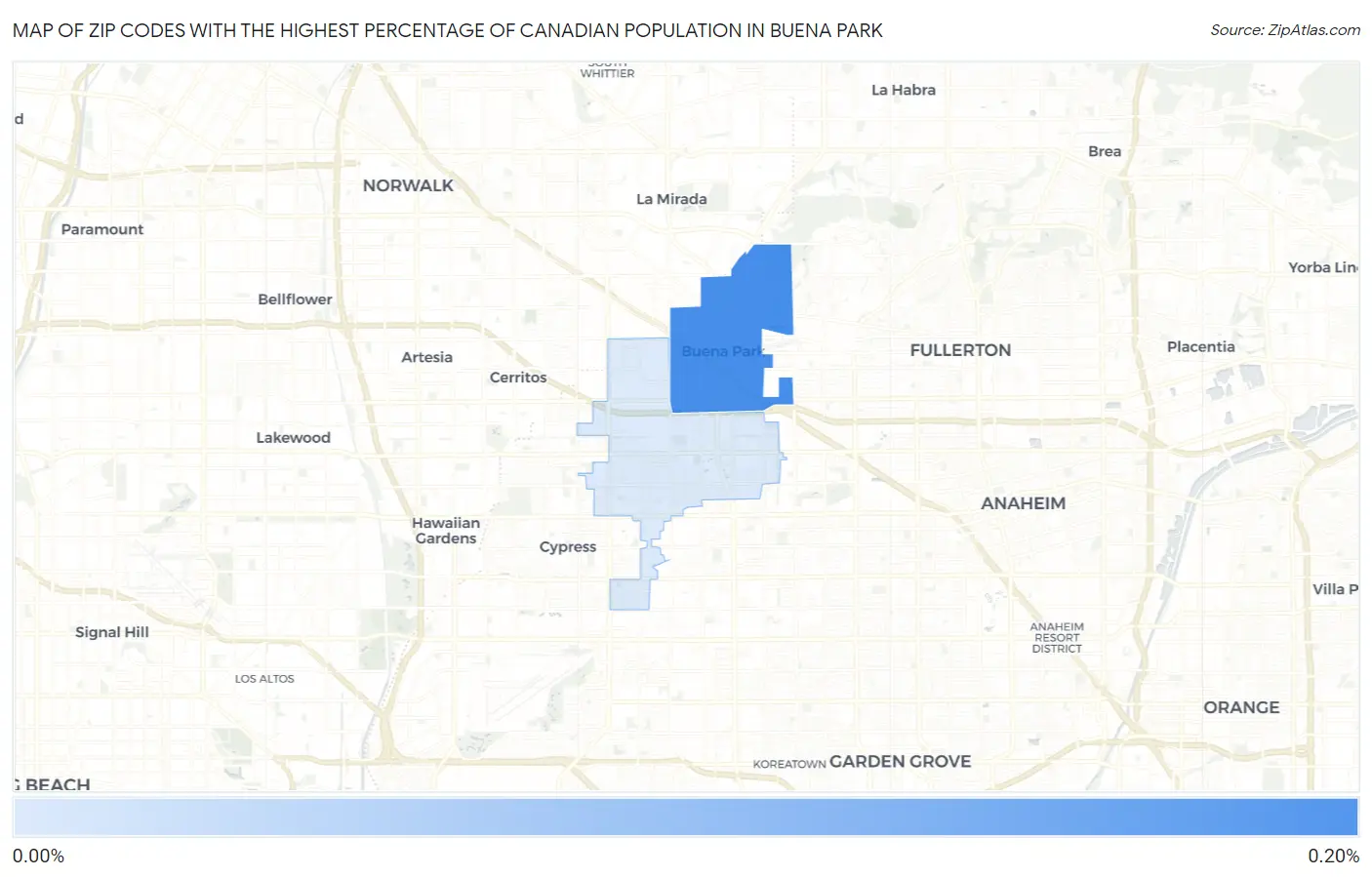 Zip Codes with the Highest Percentage of Canadian Population in Buena Park Map
