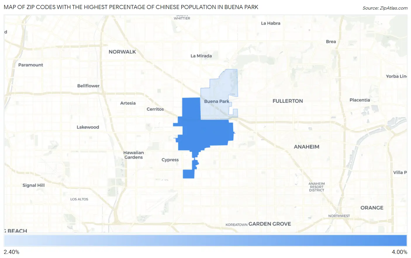 Zip Codes with the Highest Percentage of Chinese Population in Buena Park Map