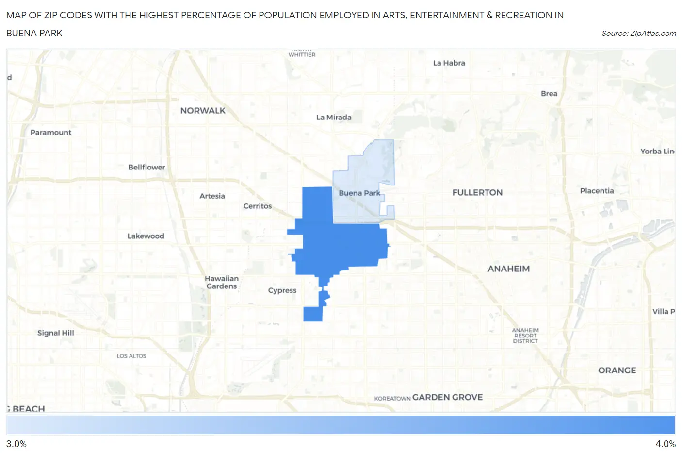 Zip Codes with the Highest Percentage of Population Employed in Arts, Entertainment & Recreation in Buena Park Map