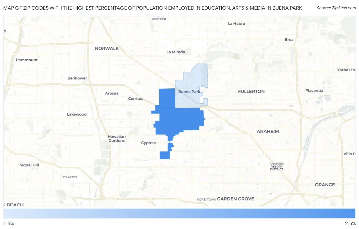 Zip Codes with the Highest Percentage of Population Employed in Education, Arts & Media in Buena Park Map