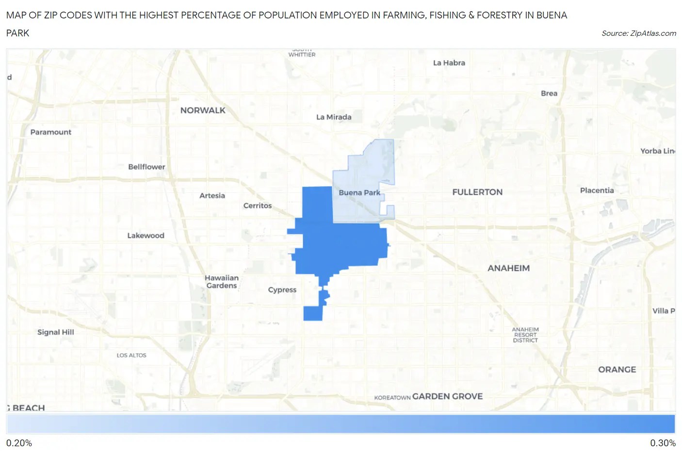 Zip Codes with the Highest Percentage of Population Employed in Farming, Fishing & Forestry in Buena Park Map