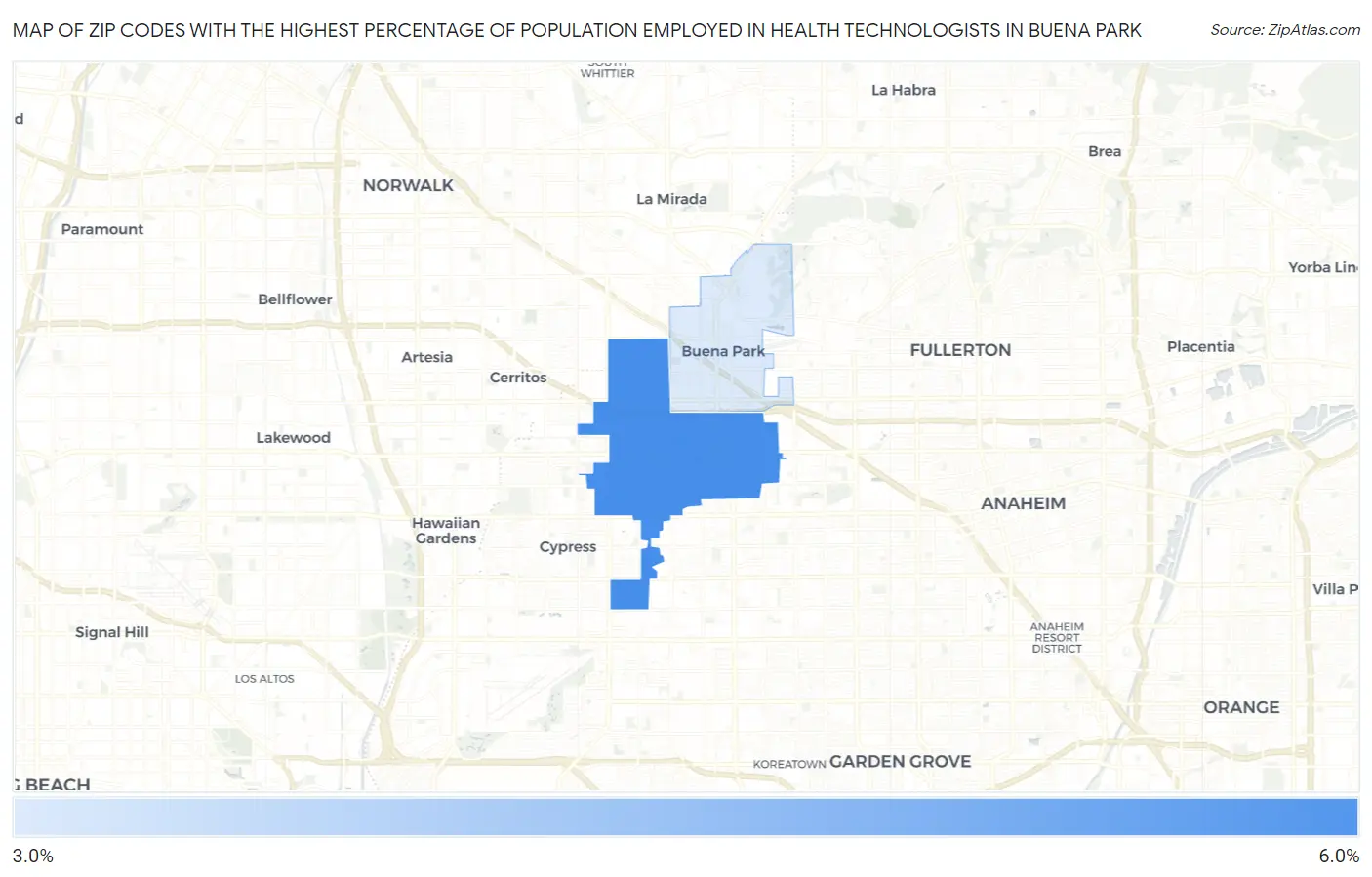 Zip Codes with the Highest Percentage of Population Employed in Health Technologists in Buena Park Map