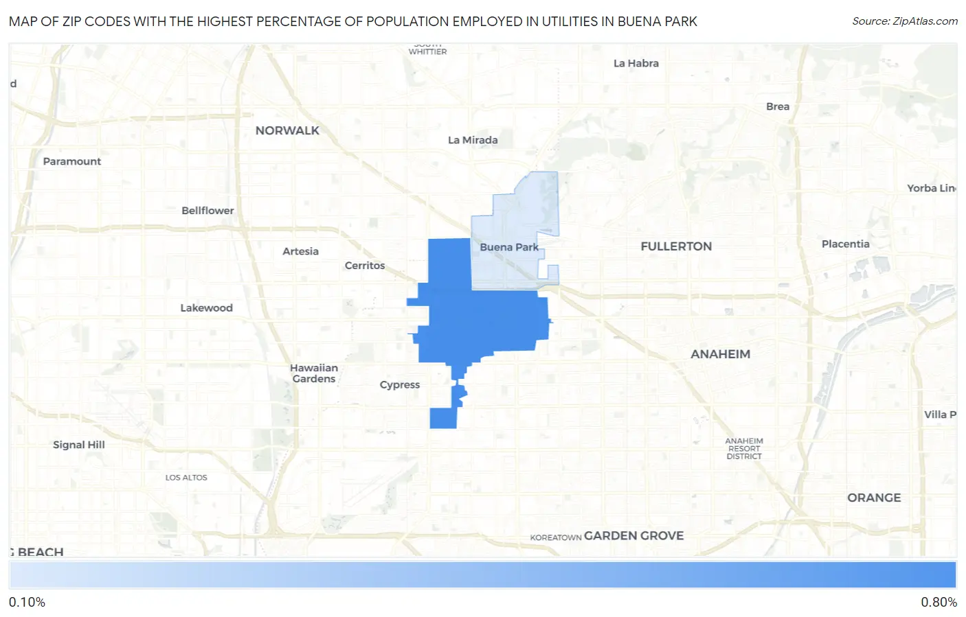Zip Codes with the Highest Percentage of Population Employed in Utilities in Buena Park Map