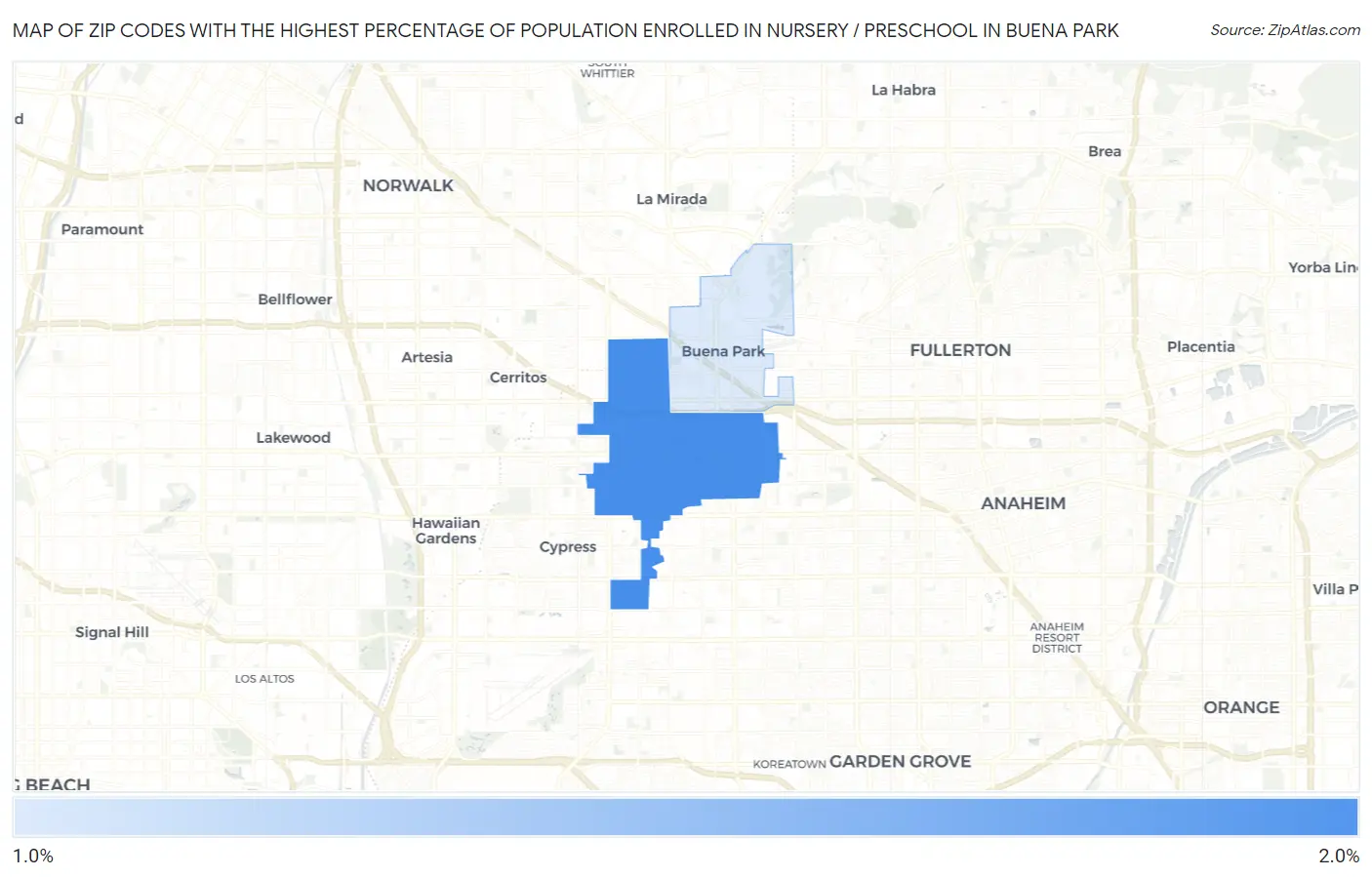 Zip Codes with the Highest Percentage of Population Enrolled in Nursery / Preschool in Buena Park Map