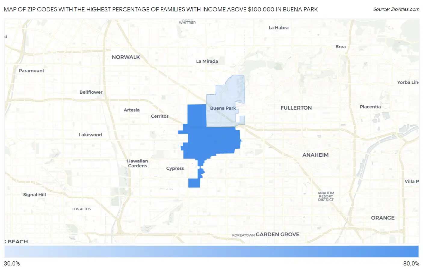 Zip Codes with the Highest Percentage of Families with Income Above $100,000 in Buena Park Map