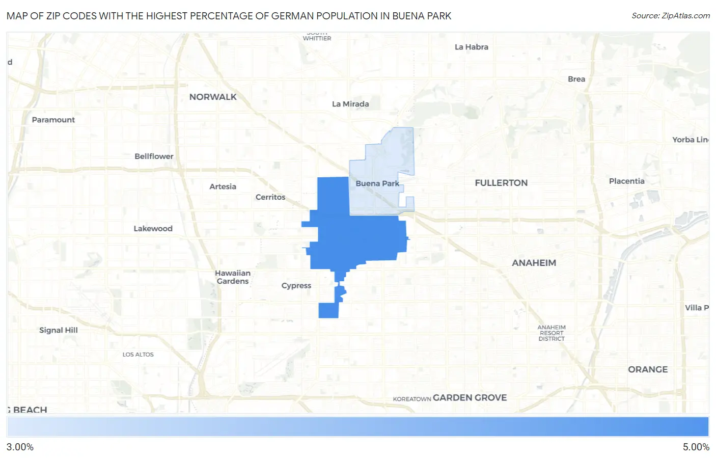 Zip Codes with the Highest Percentage of German Population in Buena Park Map