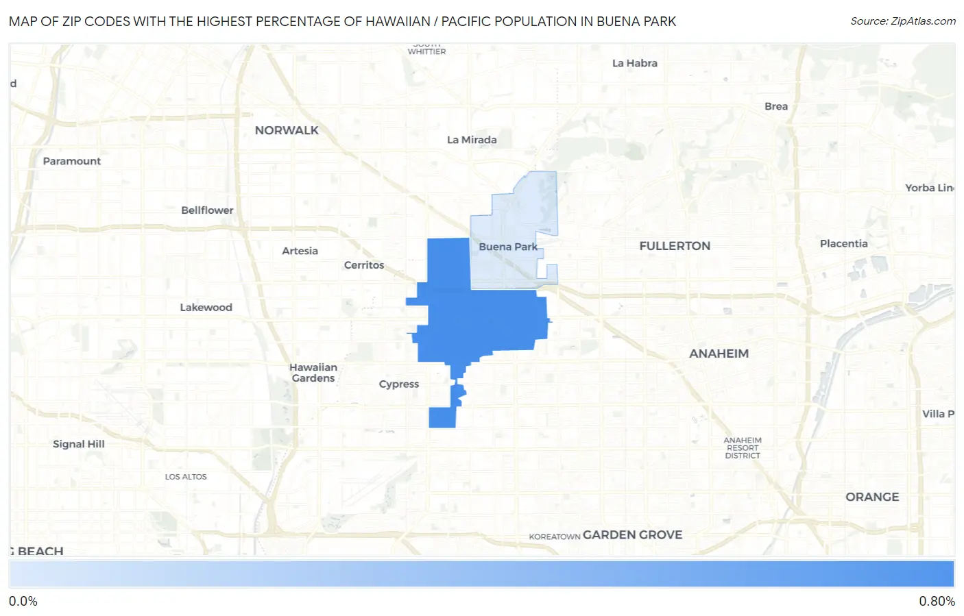 Zip Codes with the Highest Percentage of Hawaiian / Pacific Population in Buena Park Map