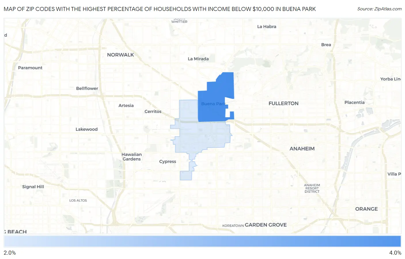 Zip Codes with the Highest Percentage of Households with Income Below $10,000 in Buena Park Map