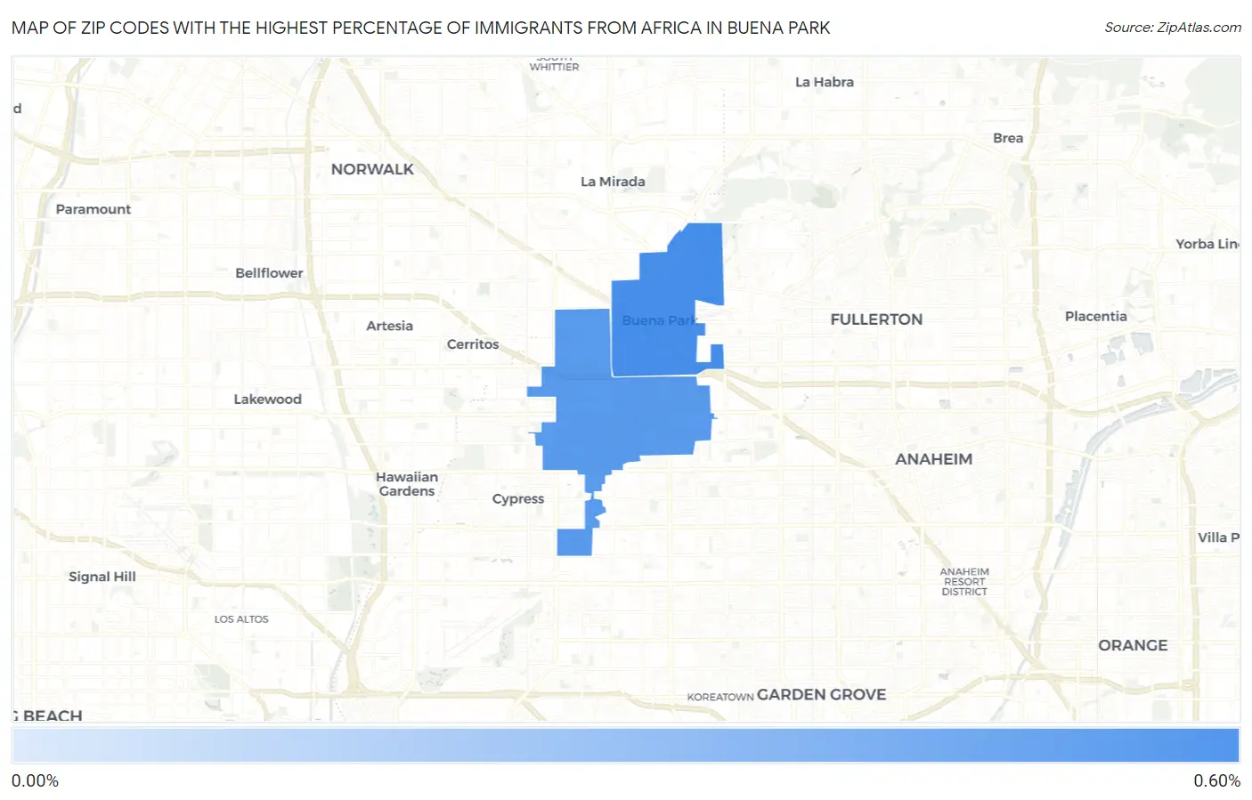 Zip Codes with the Highest Percentage of Immigrants from Africa in Buena Park Map