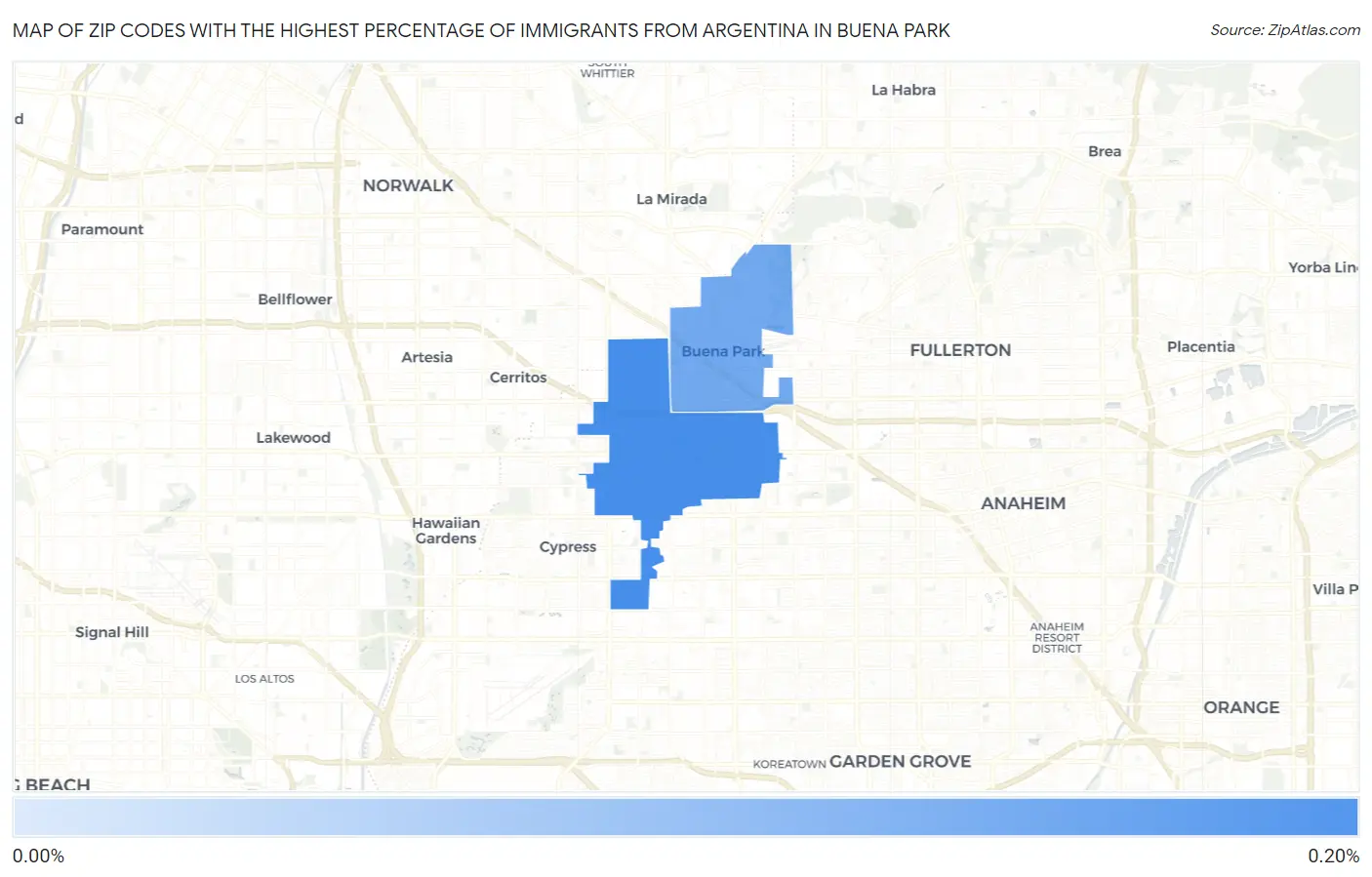 Zip Codes with the Highest Percentage of Immigrants from Argentina in Buena Park Map