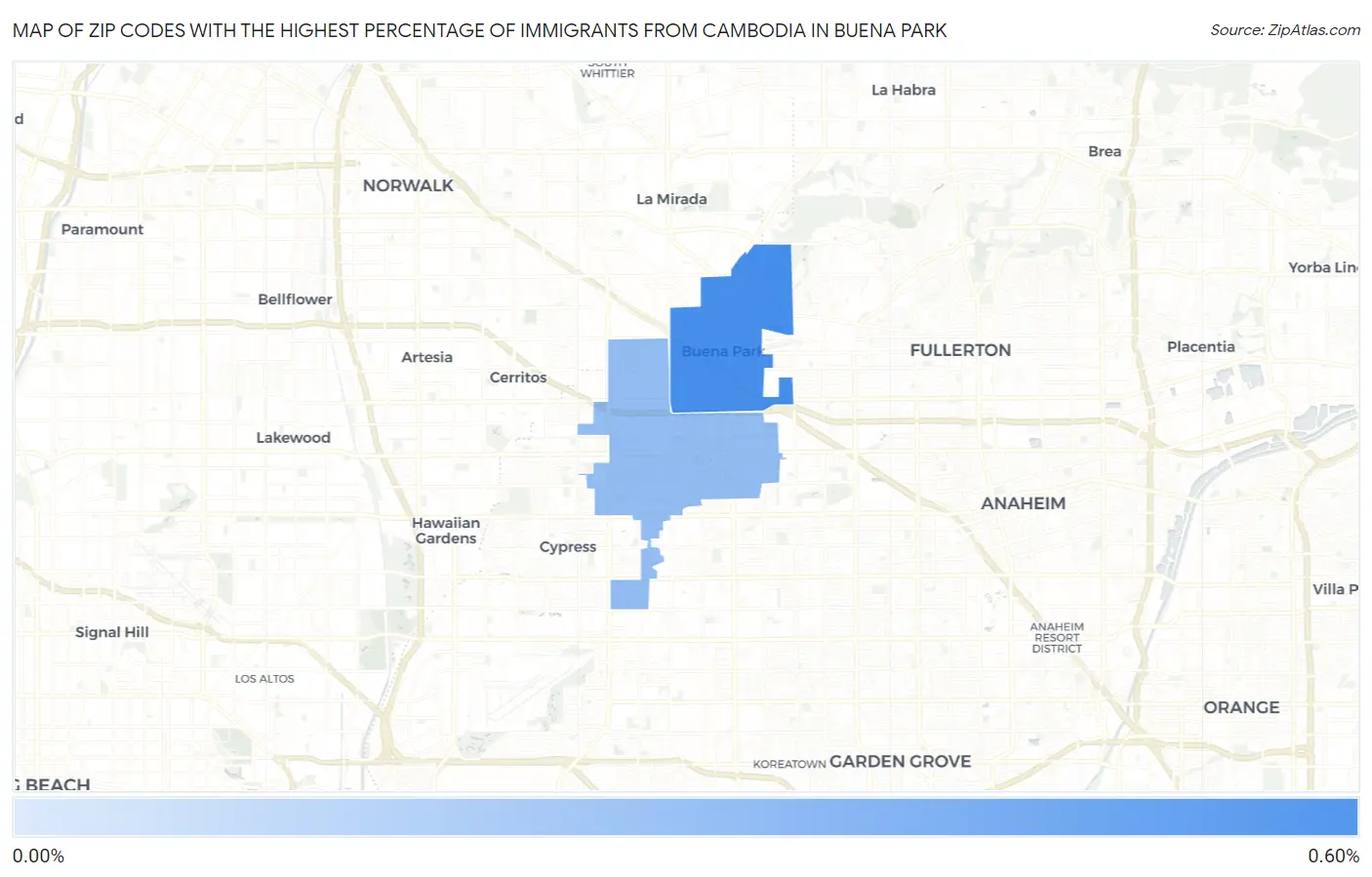Zip Codes with the Highest Percentage of Immigrants from Cambodia in Buena Park Map