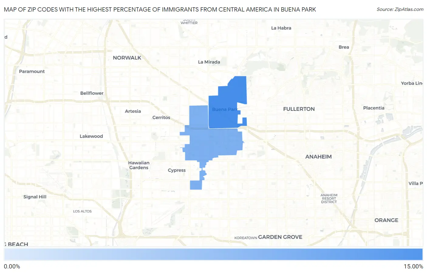 Zip Codes with the Highest Percentage of Immigrants from Central America in Buena Park Map