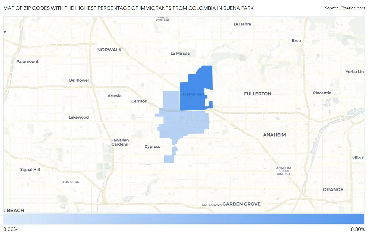Zip Codes with the Highest Percentage of Immigrants from Colombia in Buena Park Map