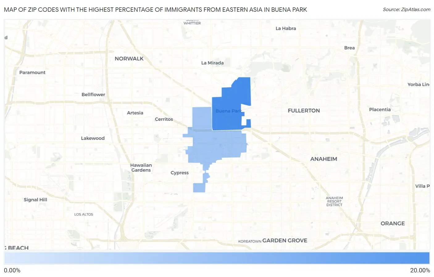 Zip Codes with the Highest Percentage of Immigrants from Eastern Asia in Buena Park Map