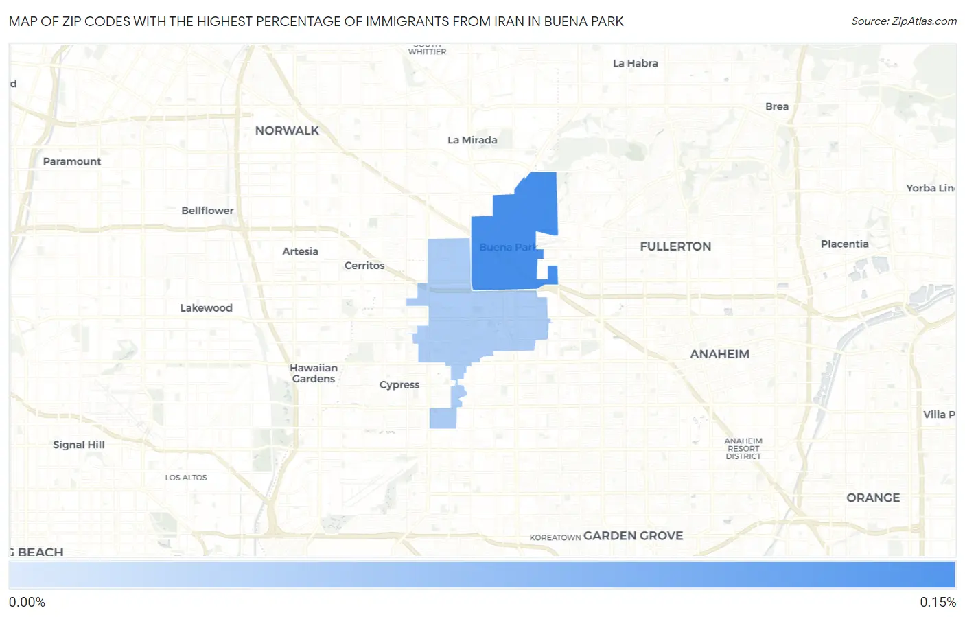 Zip Codes with the Highest Percentage of Immigrants from Iran in Buena Park Map