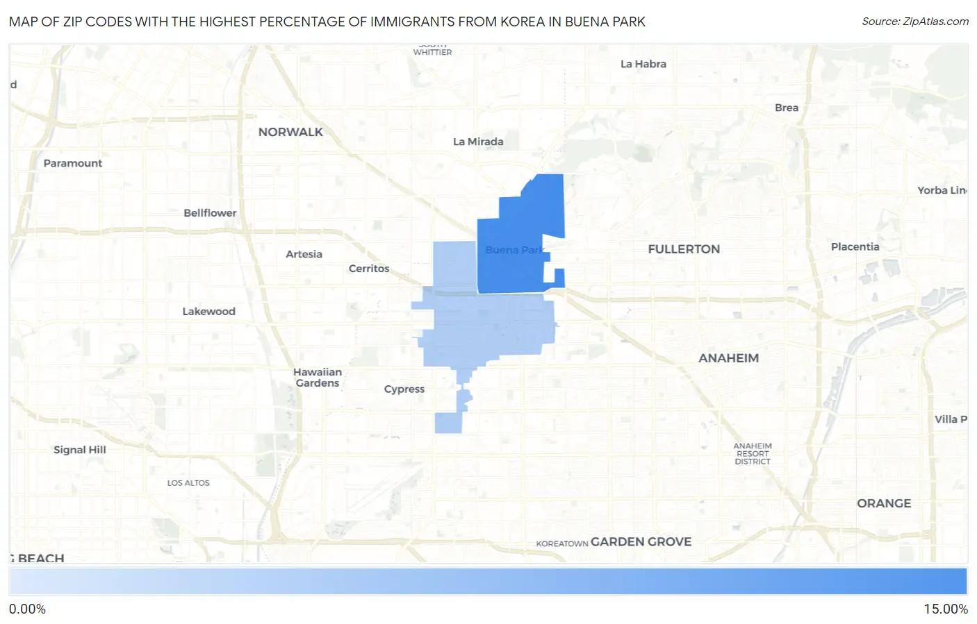 Zip Codes with the Highest Percentage of Immigrants from Korea in Buena Park Map