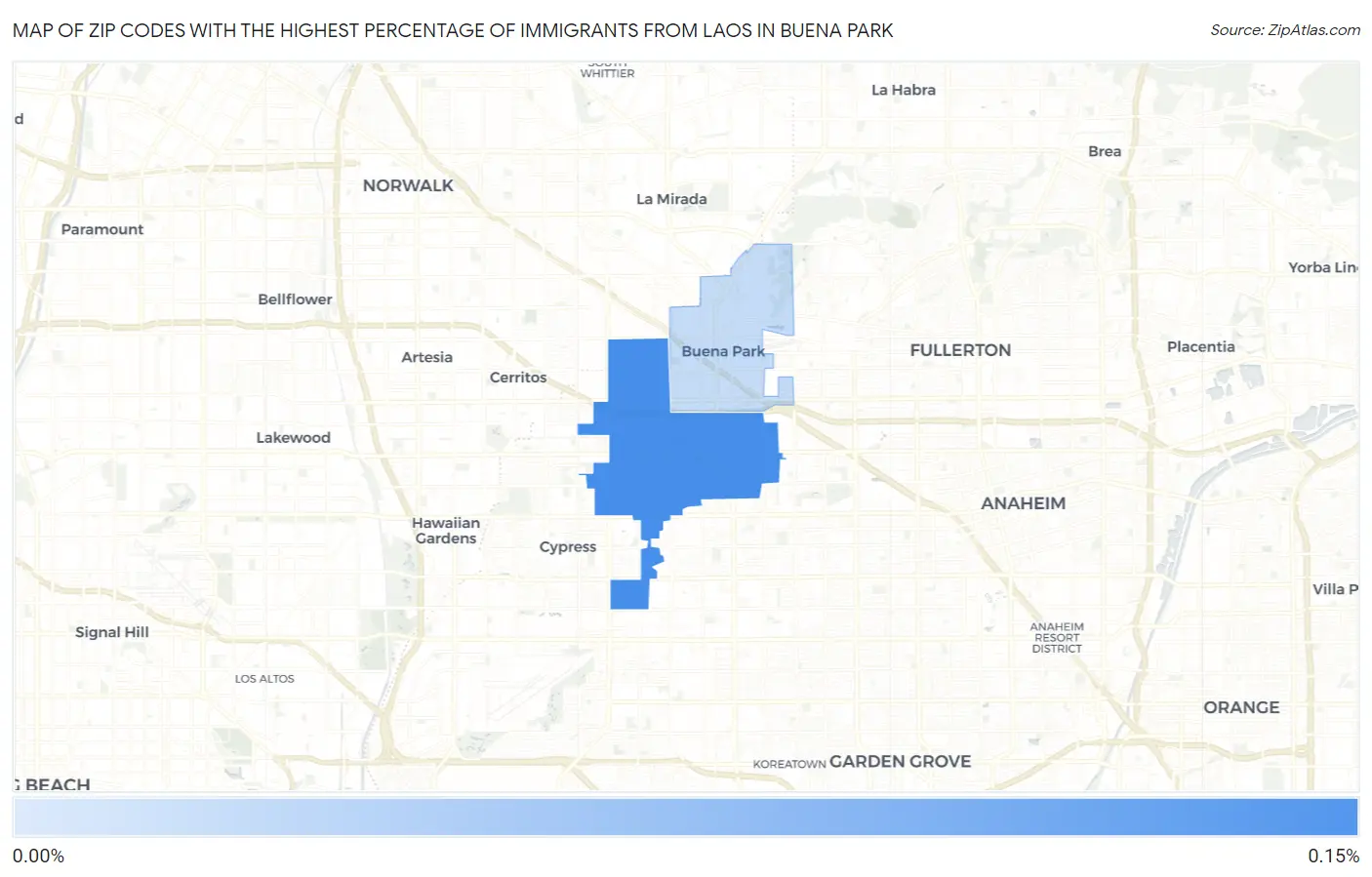 Zip Codes with the Highest Percentage of Immigrants from Laos in Buena Park Map