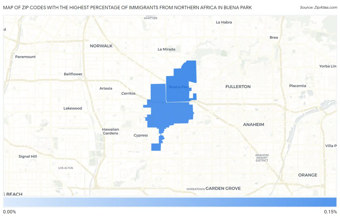 Zip Codes with the Highest Percentage of Immigrants from Northern Africa in Buena Park Map