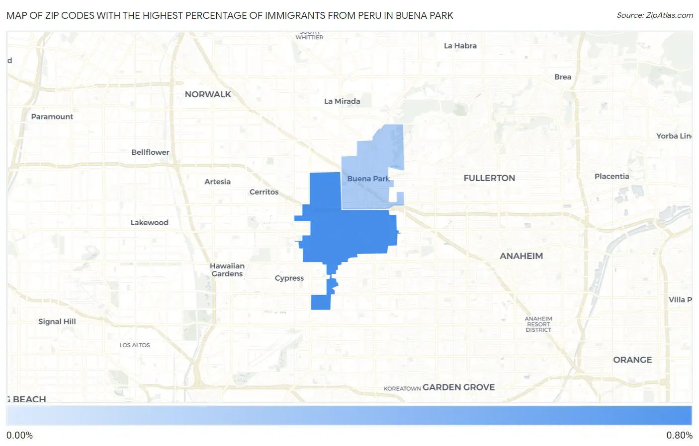 Zip Codes with the Highest Percentage of Immigrants from Peru in Buena Park Map