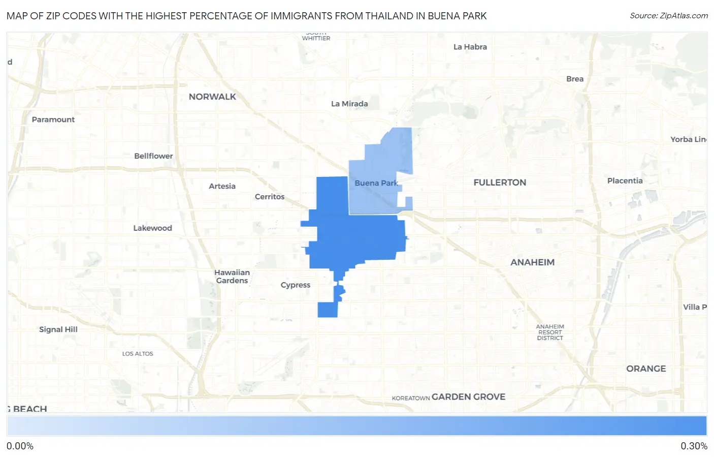 Zip Codes with the Highest Percentage of Immigrants from Thailand in Buena Park Map