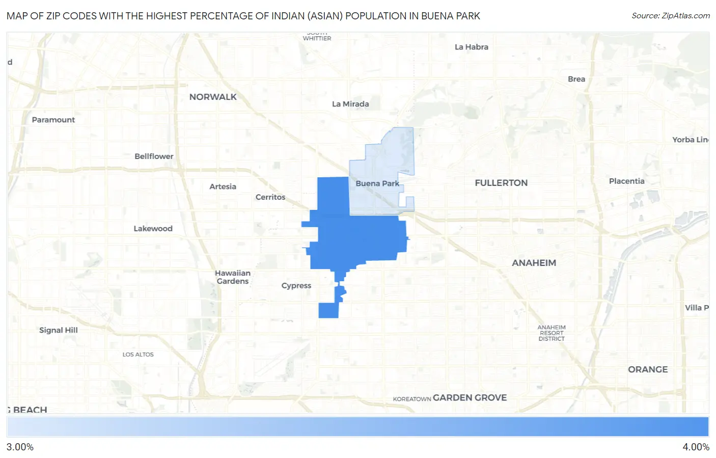Zip Codes with the Highest Percentage of Indian (Asian) Population in Buena Park Map