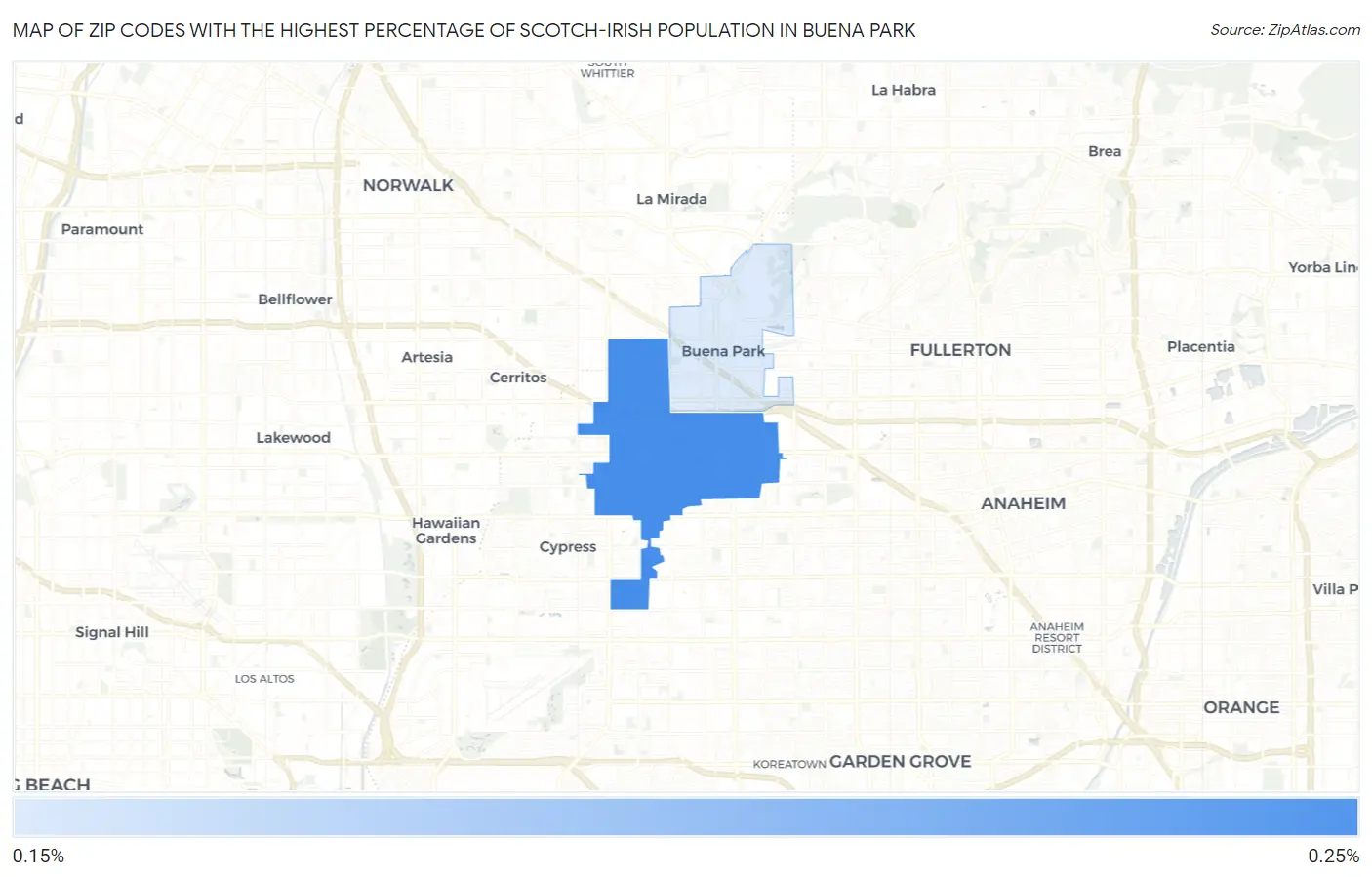 Zip Codes with the Highest Percentage of Scotch-Irish Population in Buena Park Map