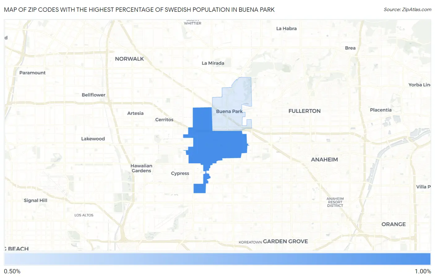 Zip Codes with the Highest Percentage of Swedish Population in Buena Park Map