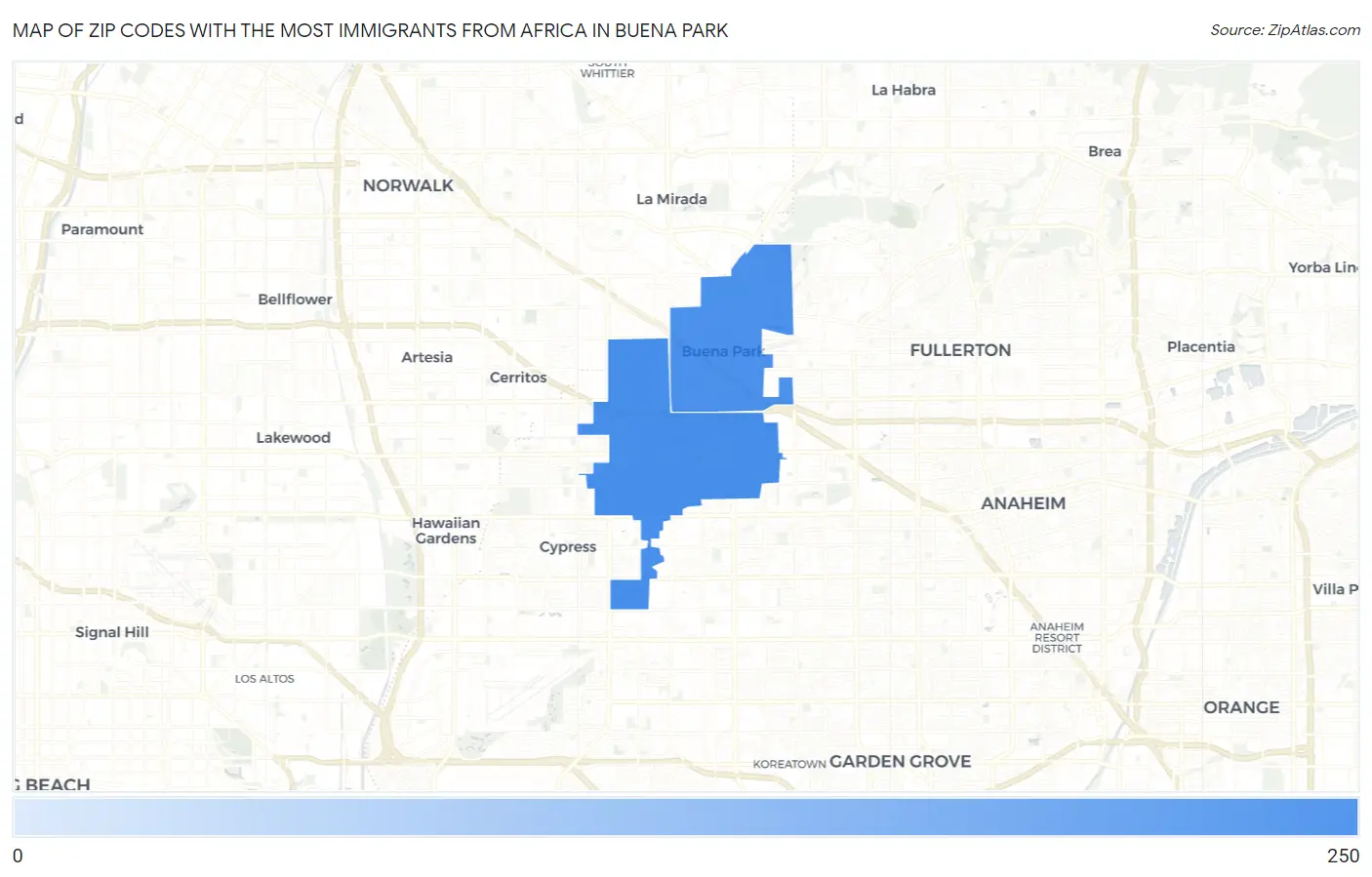 Zip Codes with the Most Immigrants from Africa in Buena Park Map
