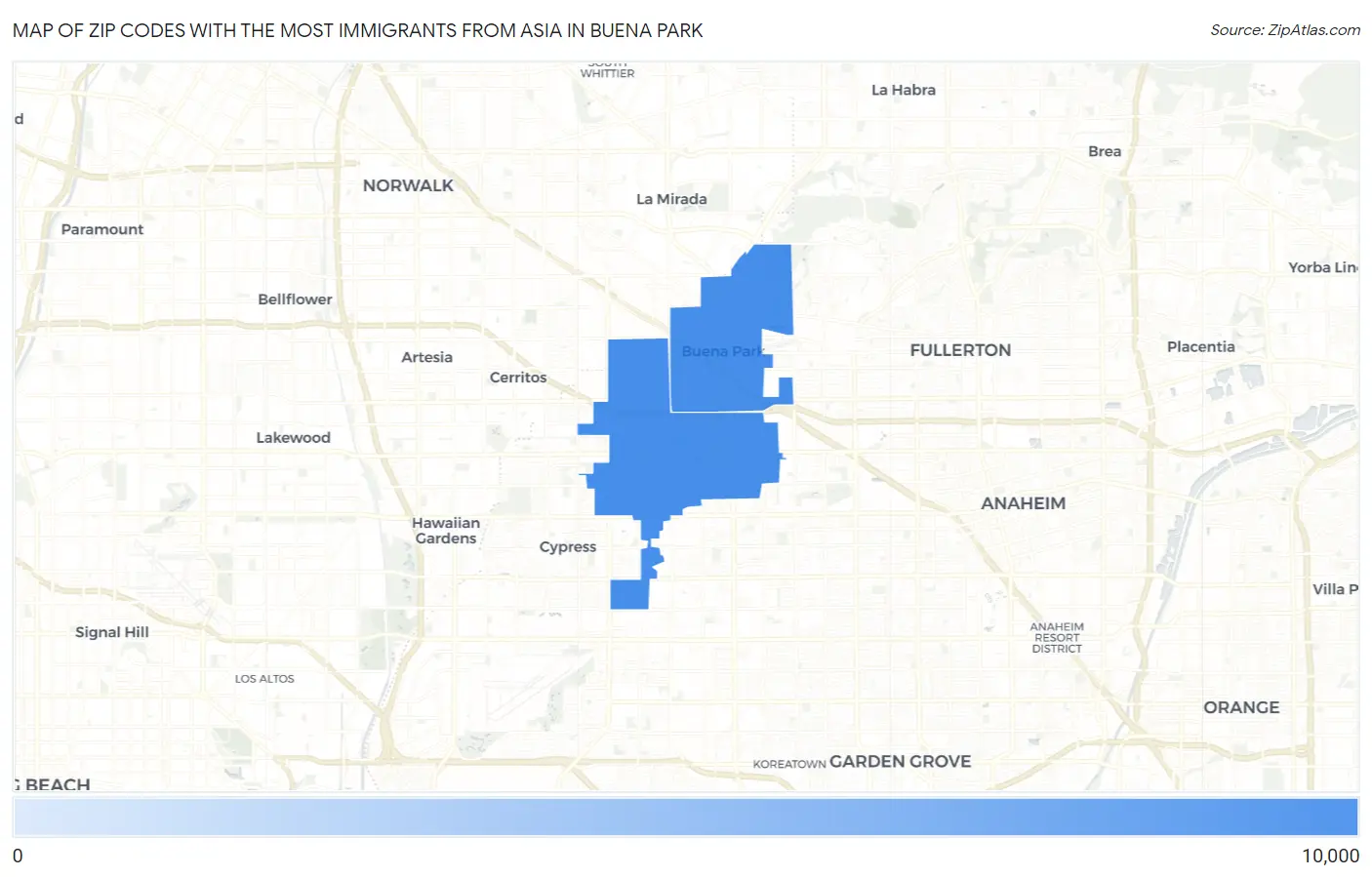 Zip Codes with the Most Immigrants from Asia in Buena Park Map