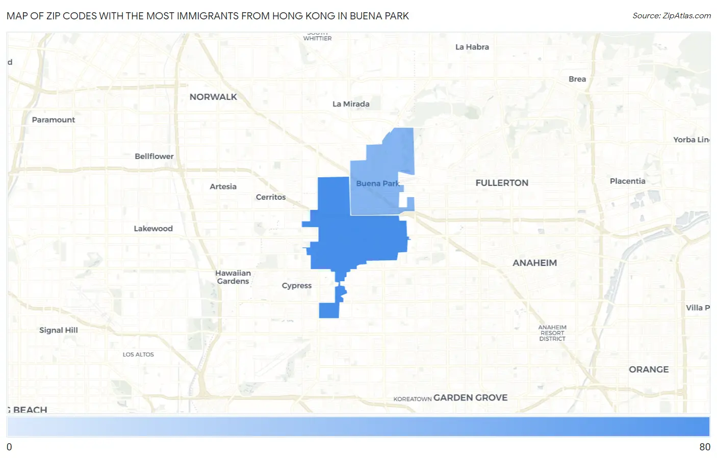 Zip Codes with the Most Immigrants from Hong Kong in Buena Park Map
