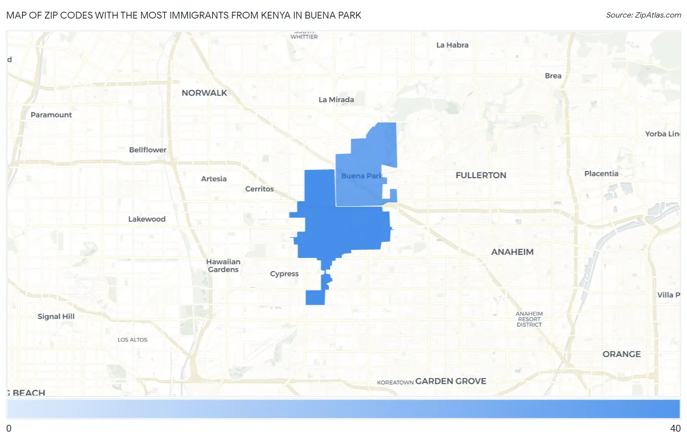 Zip Codes with the Most Immigrants from Kenya in Buena Park Map