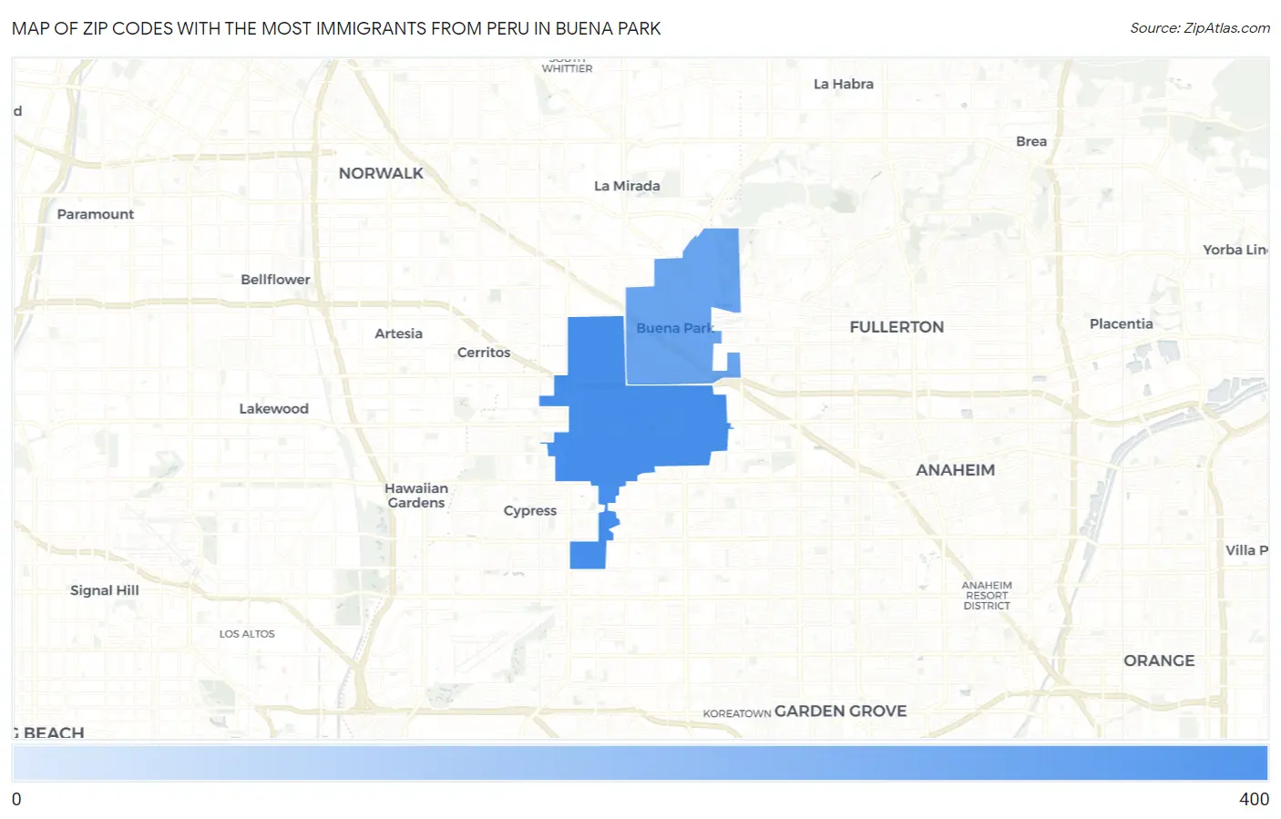 Zip Codes with the Most Immigrants from Peru in Buena Park Map