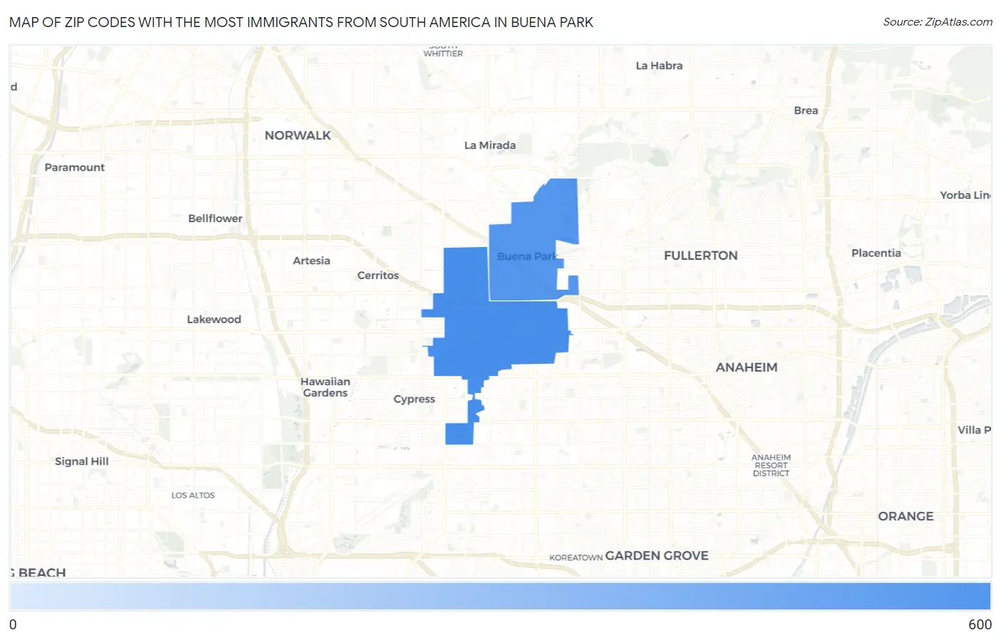 Zip Codes with the Most Immigrants from South America in Buena Park Map