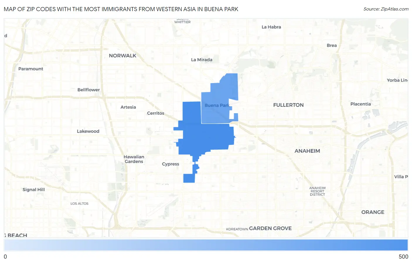 Zip Codes with the Most Immigrants from Western Asia in Buena Park Map