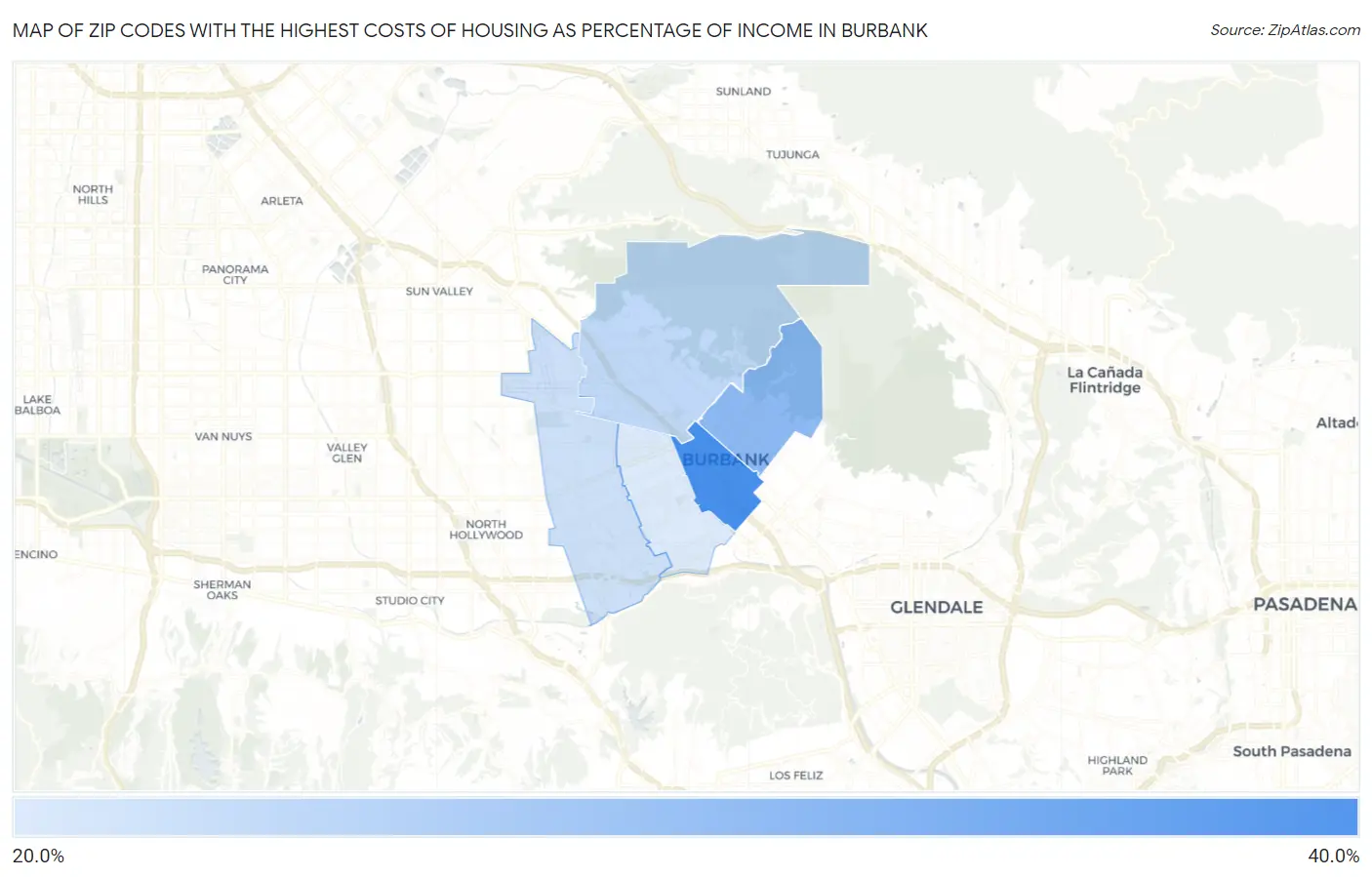 Zip Codes with the Highest Costs of Housing as Percentage of Income in Burbank Map