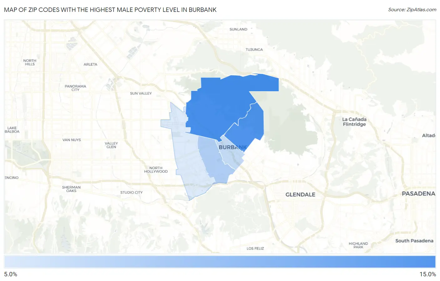 Zip Codes with the Highest Male Poverty Level in Burbank Map