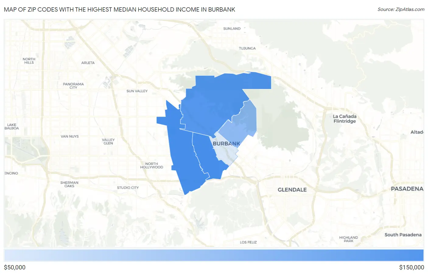 Zip Codes with the Highest Median Household Income in Burbank Map