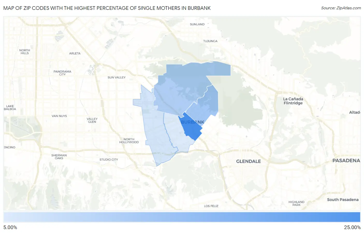 Zip Codes with the Highest Percentage of Single Mothers in Burbank Map