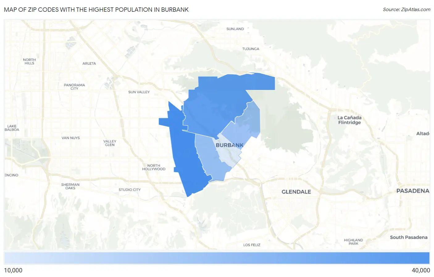 Zip Codes with the Highest Population in Burbank Map