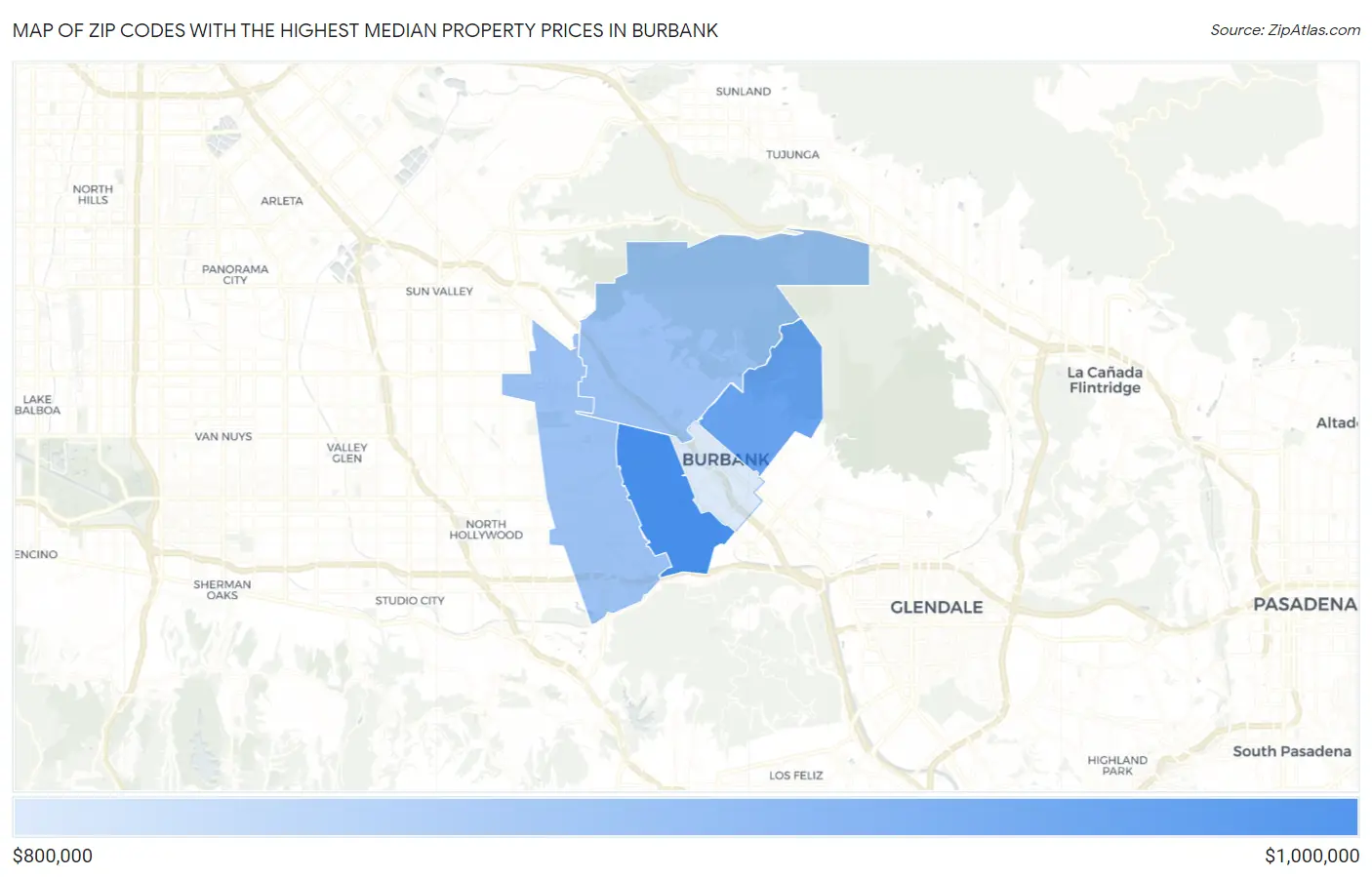 Zip Codes with the Highest Median Property Prices in Burbank Map