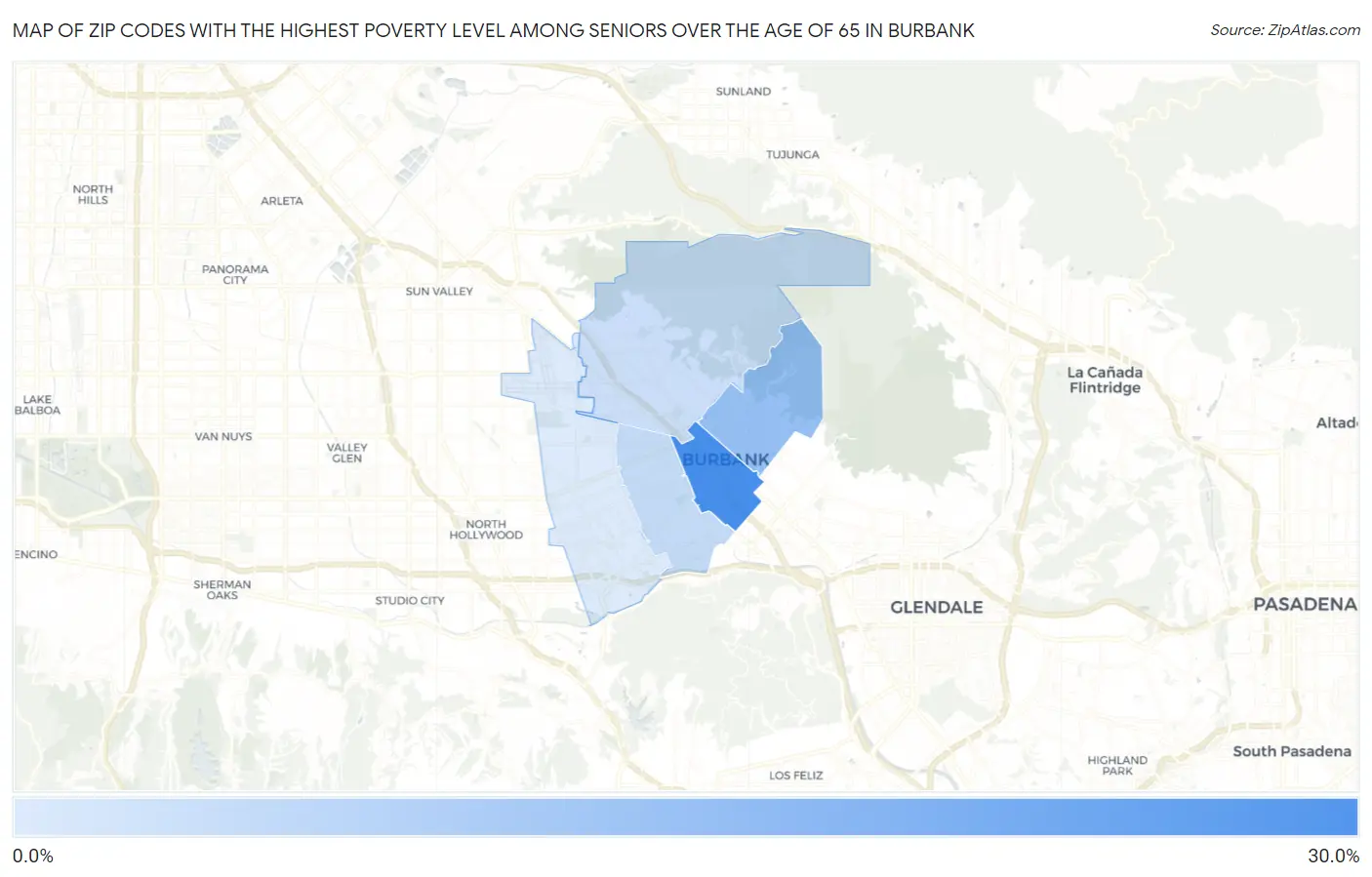 Zip Codes with the Highest Poverty Level Among Seniors Over the Age of 65 in Burbank Map