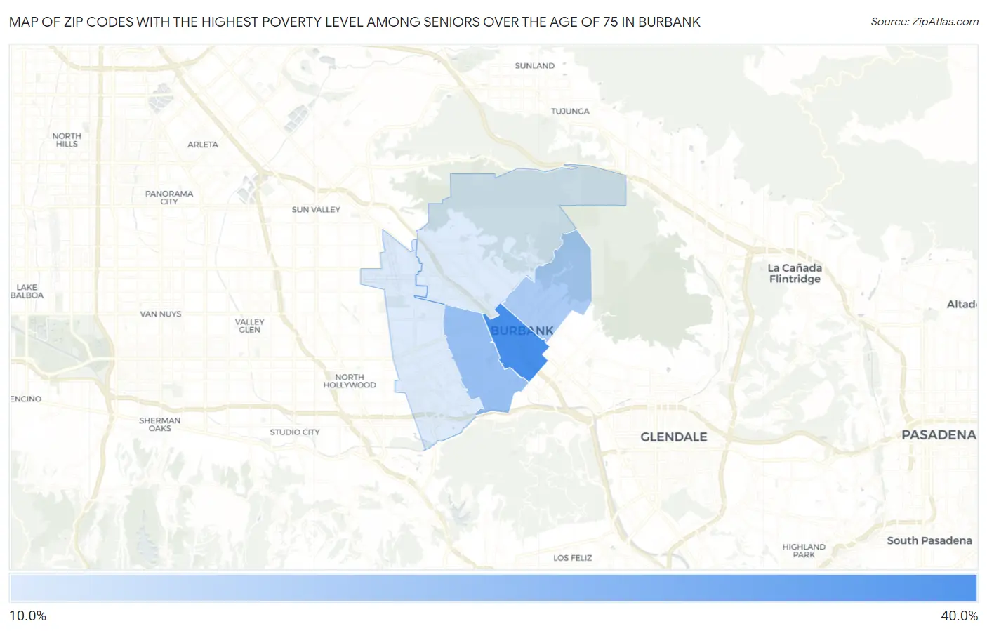 Zip Codes with the Highest Poverty Level Among Seniors Over the Age of 75 in Burbank Map