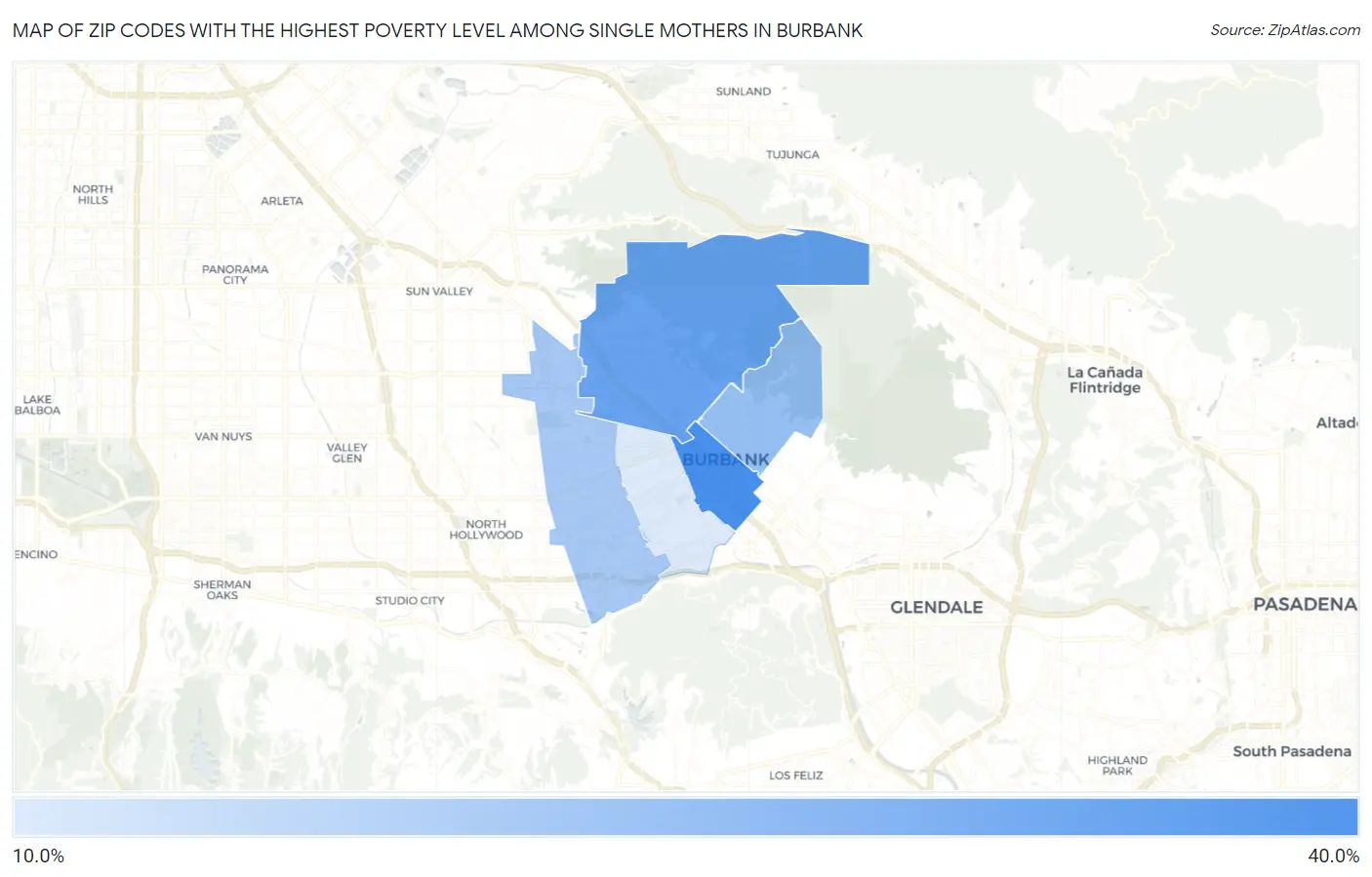 Zip Codes with the Highest Poverty Level Among Single Mothers in Burbank Map